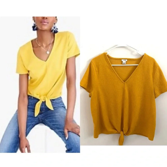J.Crew yellow mustard Textured V-neck tie-front tee L - Picture 1 of 6
